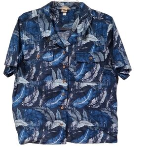 Duluth Trading Co Hawaiian Mens Blue Leaf Shirt Sz Large Vacation Cruise Beach